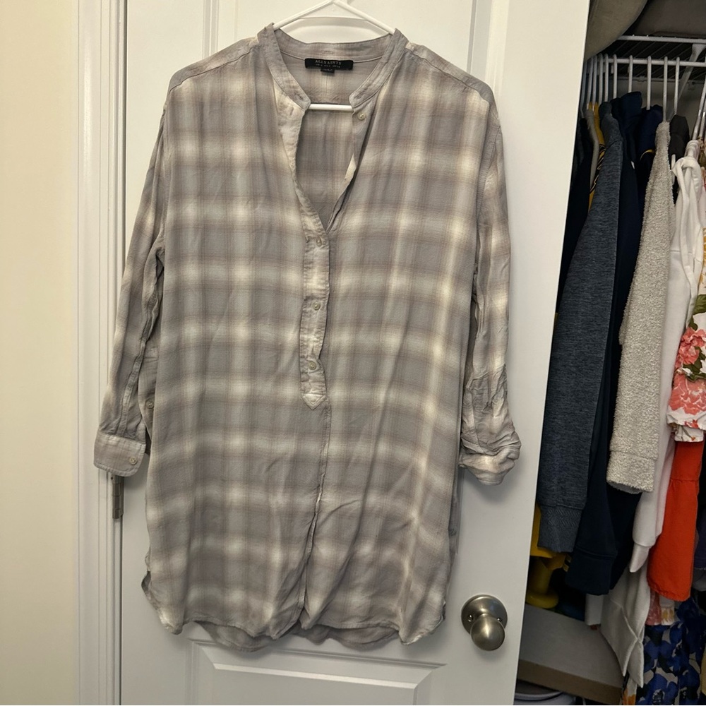All Saints Gray and White Boxy Dress with Cuffed Sleeves